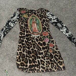 Ed Hardy Leopard Print Long Sleeve Dress with Graphic Art